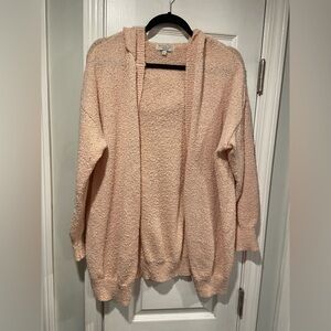 Warm & Cozy Size L Hooded Open Front Light Pink Boucle Knit Cardigan Sweater